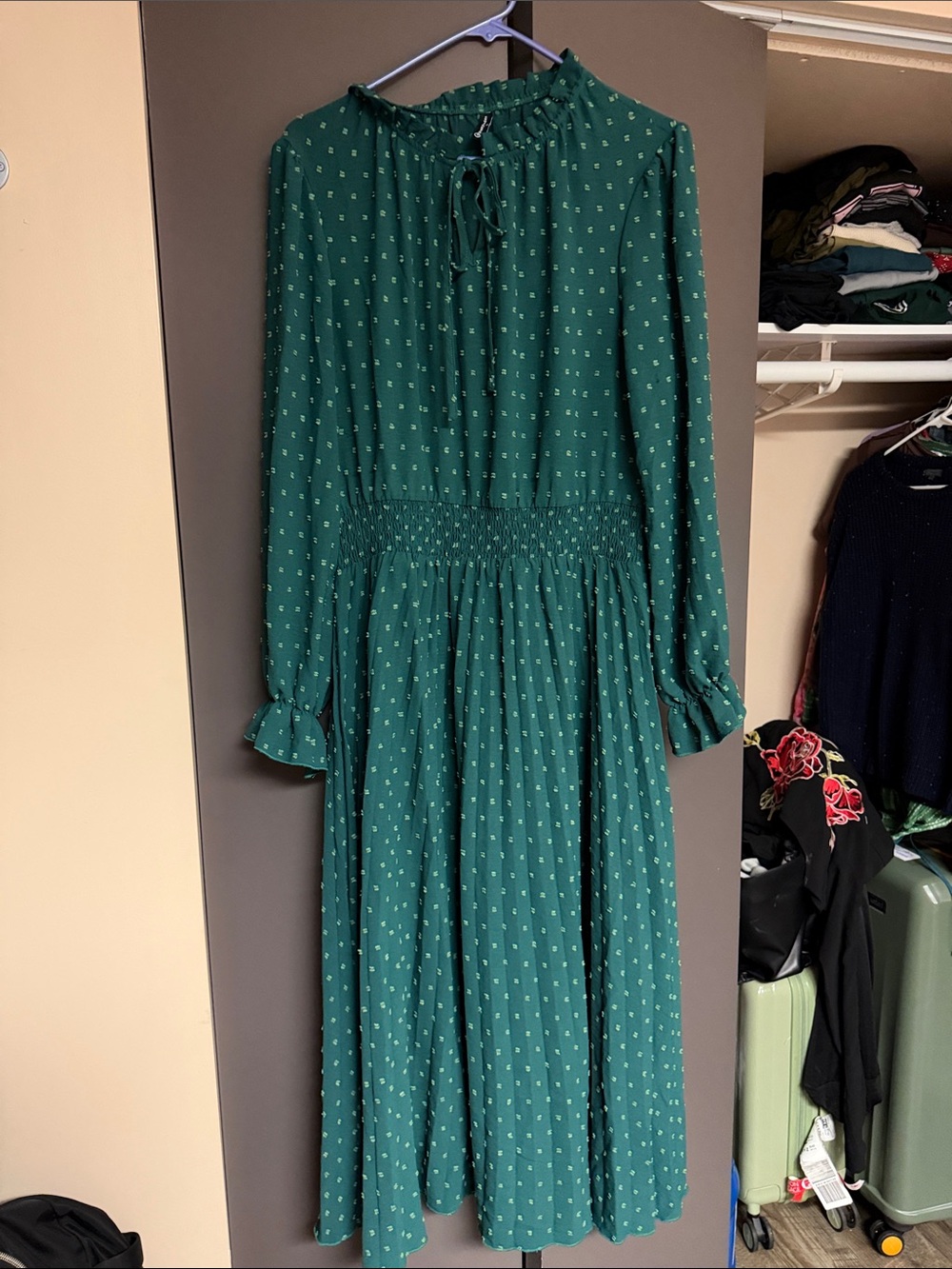 Emerald Green Long-Sleeve Smocked Midi Dress with Tie Neck